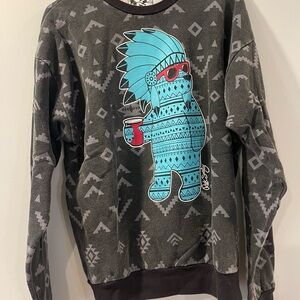Riot Society Crewneck Sweatshirt Teal and Red Graphic Aztec Man with Red Cup